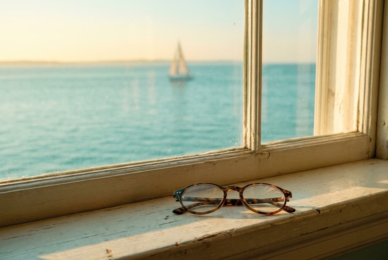 Brille auf einer Fensterbank mit klarem Blick aufs Meer — Kurs Klarsicht Mastery